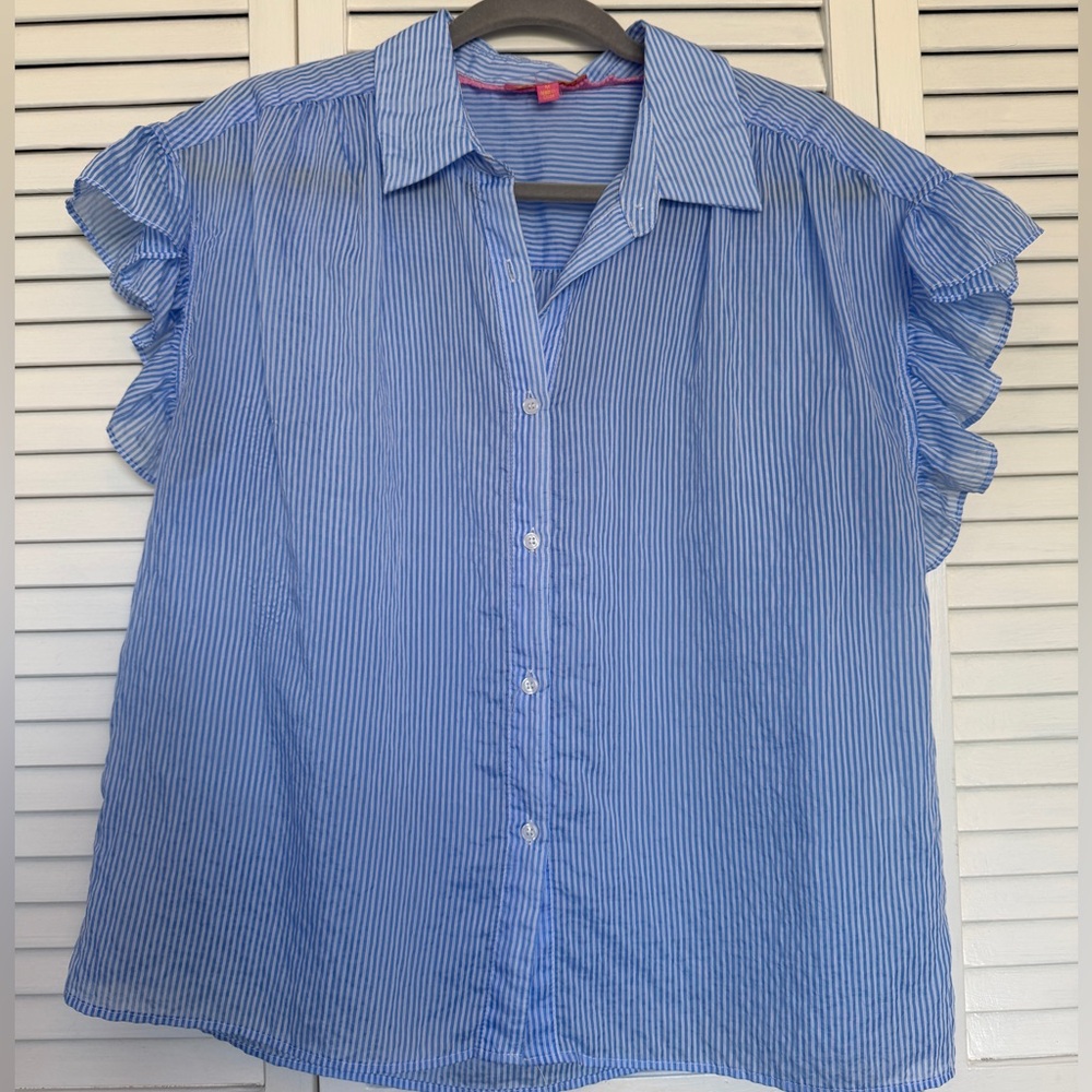 THML Blue & White Pinstripe Ruffle Sleeve Button-Down Shirt